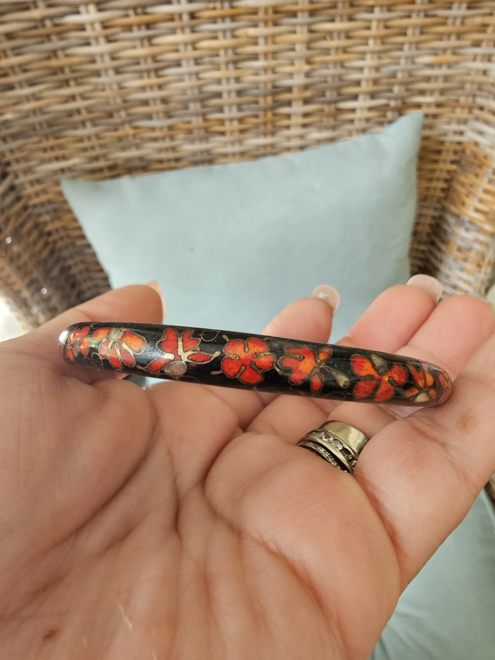 Black Enamel Bangle Bracelet with Red Floral Motif